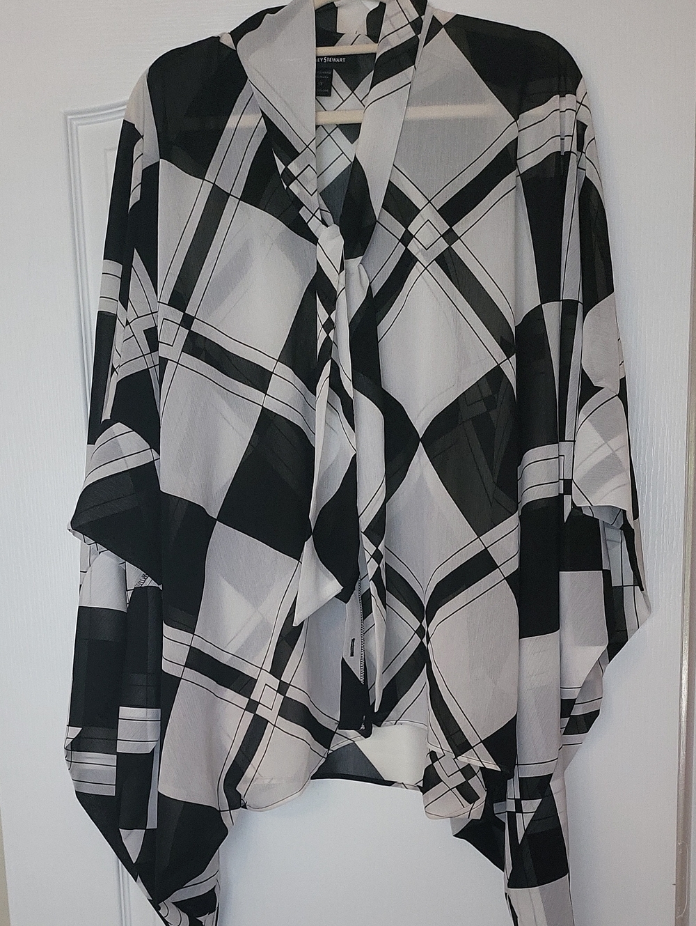 Ashley Stewart Black & White Geometric Tie-Neck Blouse